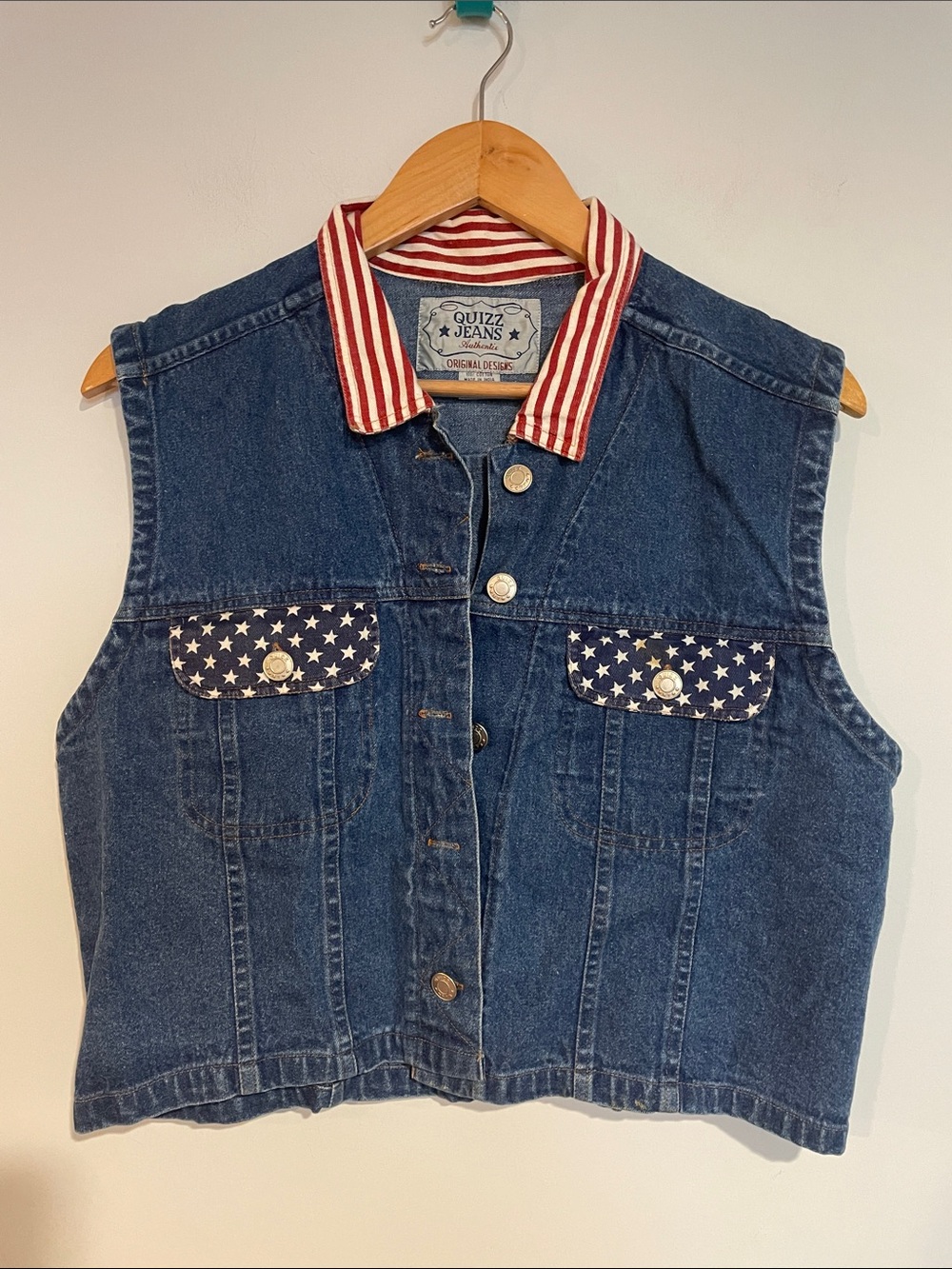 Quiz Jeans Women's Blue Denim crop Vest with American Flag Accents